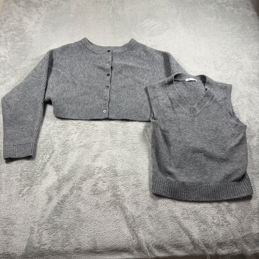 GU Puff Knit 2-Piece Cardigan and Vest Set Women Small Gray Cropped